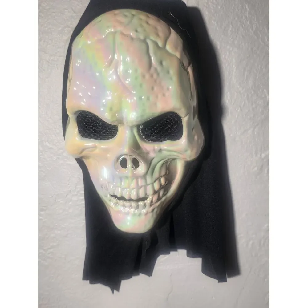 Halloween White Iridescent Skull Mask with Hood -Adult NWT